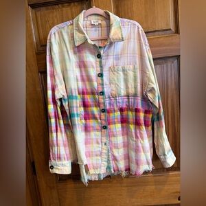 Multicolor Plaid Shirt with Frayed Hem